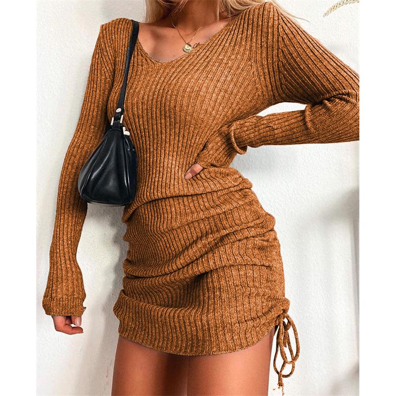 V-neck Knitted Sweater Dress - Long Sleeve, Slim Fit, Ruched Drawstring, Ribbed Design for Autumn/Winter