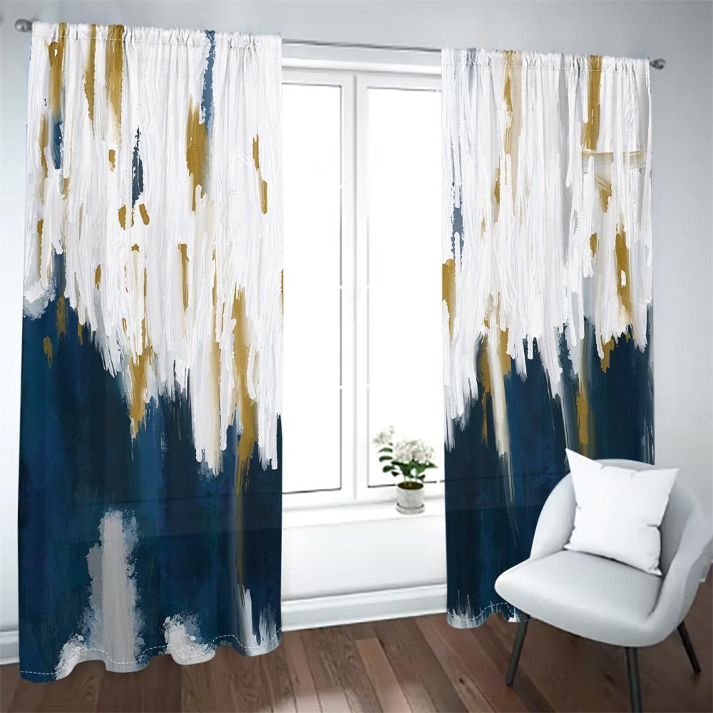 2Pcs Artist Brushstroke Curtains Blue White Gold Abstract Pattern Living Room Bedroom Kids Room Sunshade Modern Art Decor
