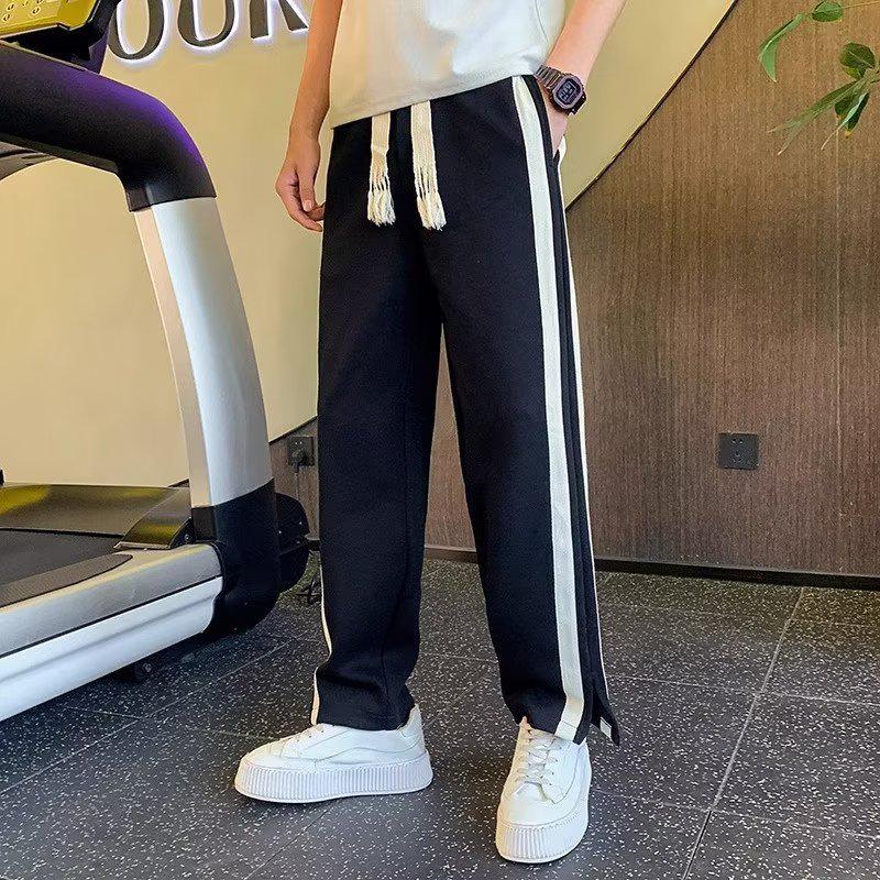 

2023 Мужские свободные повседневные брюки в корейском стиле — модные, универсальные, летние, тонкие, с широкими штанинами и разрезами 2XL чёрный