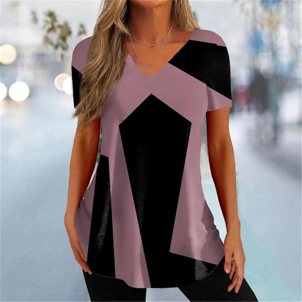 Simple Curve Digital 3D Print Fashion Women Tshirt Pullover Daily Suitable All Seasons Splicing Short Sleeves Polyester V-Neck