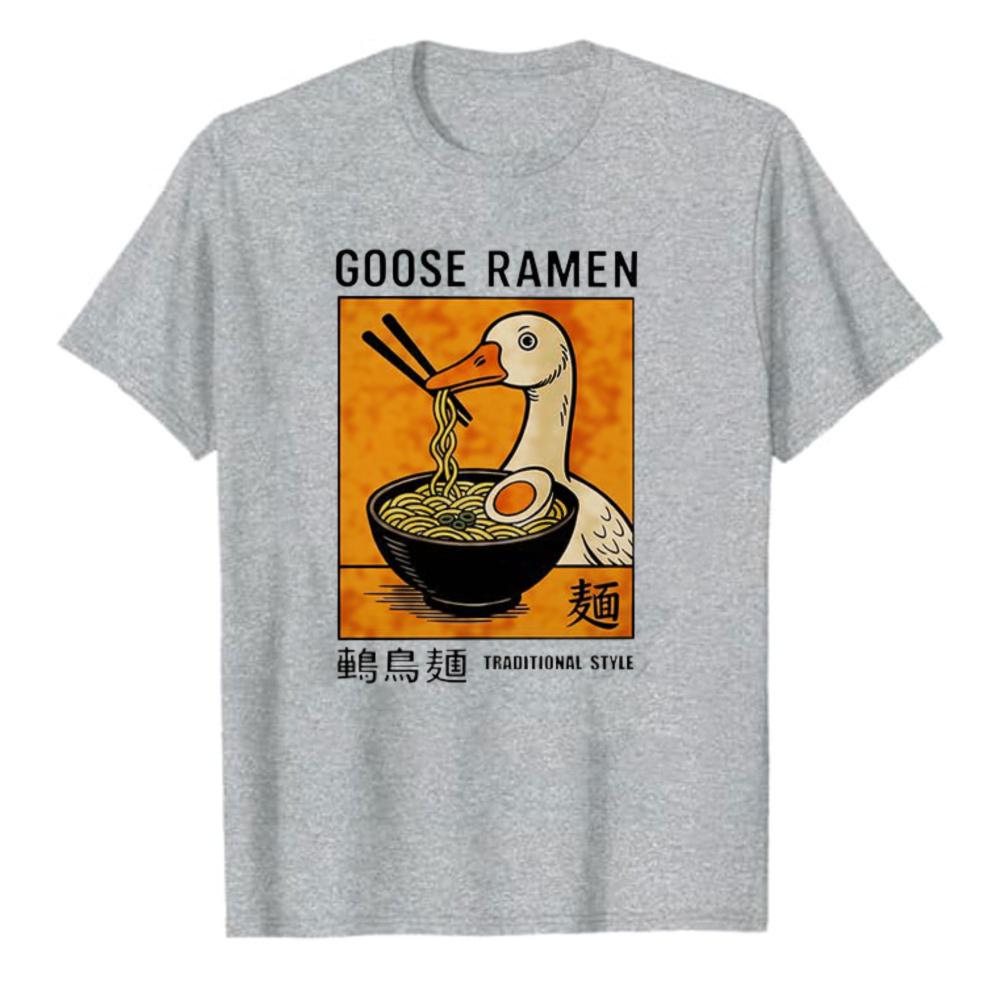 Goose Eating RaUnisex Noodle Bowl Orange Frame Japanese Character Graphic Cotton Tshirt Funny Food Meme Retro Streetwear Unisex Top