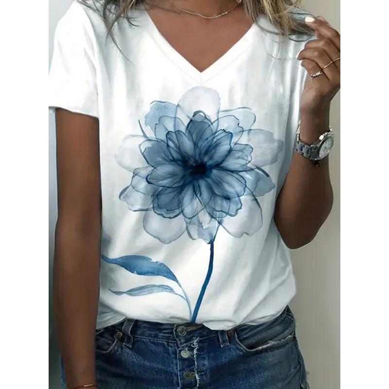 Spring Summer Short Sleeved T-shirts for Women Trendy Short Sleeved Tops V-neck Short Sleeved Tops Retro 3D Printed Shirt