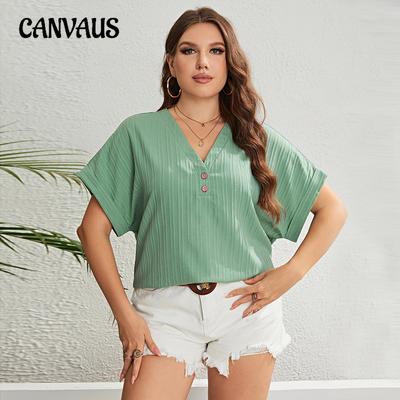 Plus Size Summer Women's Shirt Green V-Neck Fresh Fashion Short Sleeve Top