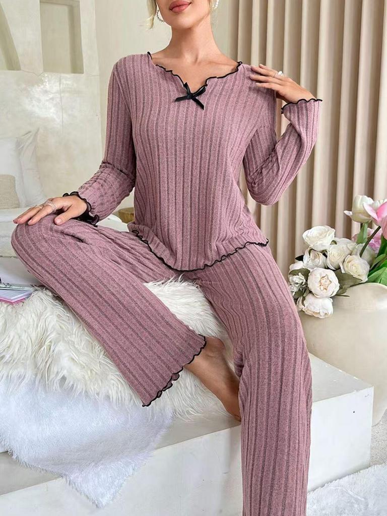 European & American Style Ribbed Black-Edged Bow Casual Home Set