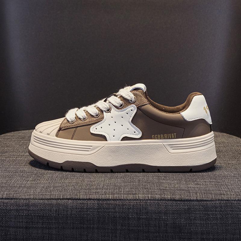 Leather Platform Biscuit Shoes Shell Head White Shoes Women's Velvet New Four-season Women's Shoes Versatile Sports and Leisure Board Shoes