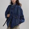 Women's Color-Block Bomber Jacket - Pre-owned Feel, Washed Denim Texture, Stand-up Collar