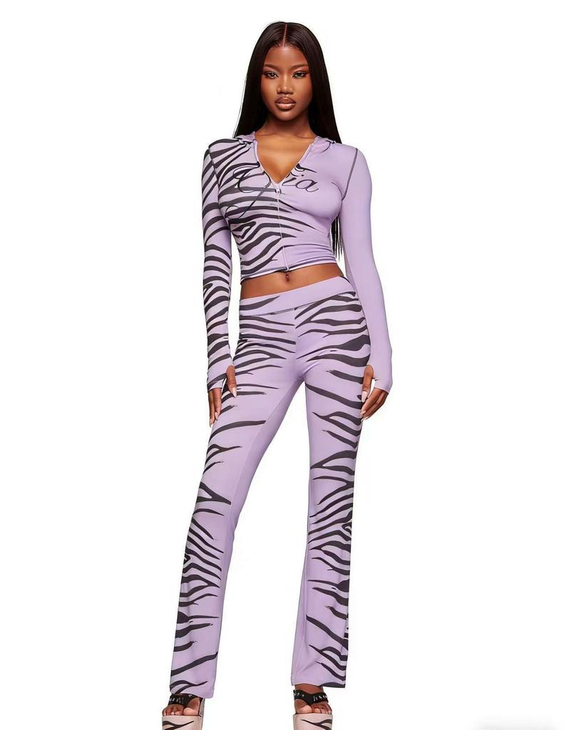 European & American Animal Print Hooded Color Block Elastic Jacket & Pants Set