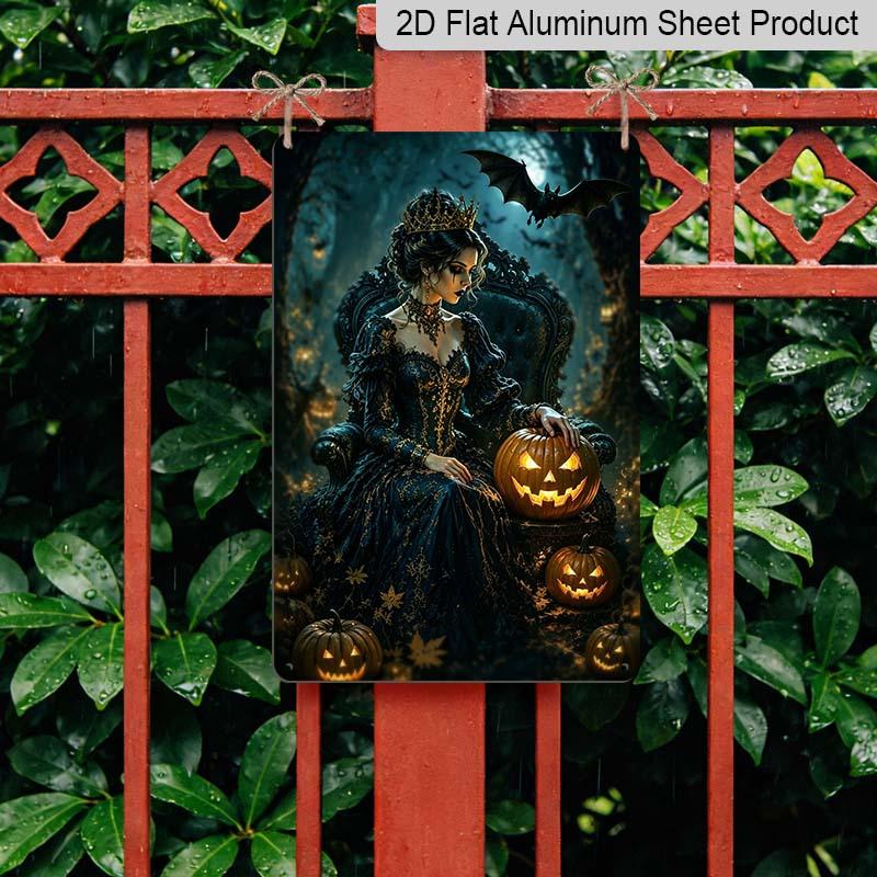 2D Flat Gothic Halloween Queen with Pumpkin and Bat Vintage Metal Sign‑8.0x12.0inch Aluminum Wall Art, Farmhouse Halloween Wall Decor, Pre‑Drilled