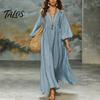 Polyester Dress Women Women's Deep V Neck Maxi Dress, Puff 3/4 Sleeve Retro Style A-Line Flowy Casual Loose Boho Beach Sundress Everyday Wear