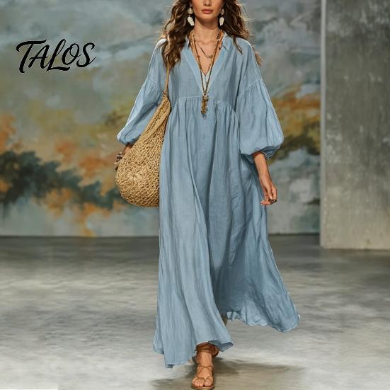 Polyester Dress Women Women's Deep V Neck Maxi Dress, Puff 3/4 Sleeve Retro Style A-Line Flowy Casual Loose Boho Beach Sundress Everyday Wear