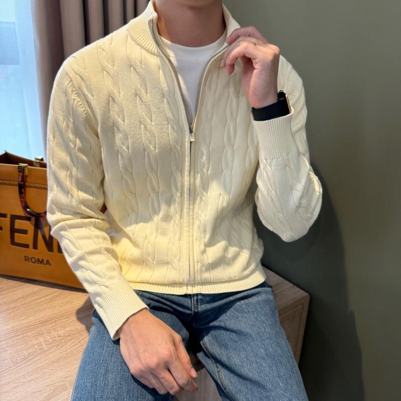 Men's Autumn & Winter Stand-Up Collar Patchwork Cardigan Sweater - Thick Cotton, Solid Color Knitwear