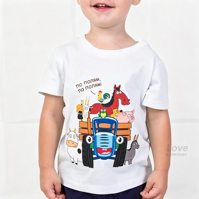 Tractor Print blue Kids Clothes Boys Tshirt Short Sleeve Children Summer Clothes Outdoor Children's Clothing