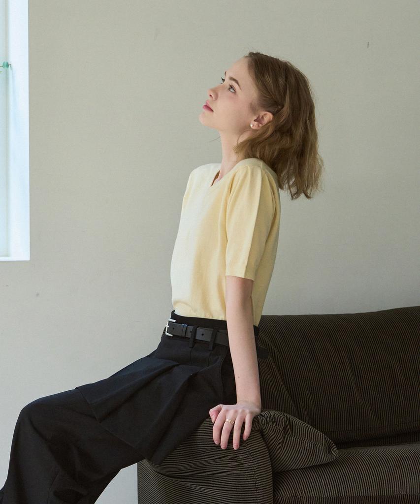 Deuloupisumeon V-Neck Puff Short Sleeve Cotton Knit [Cream]