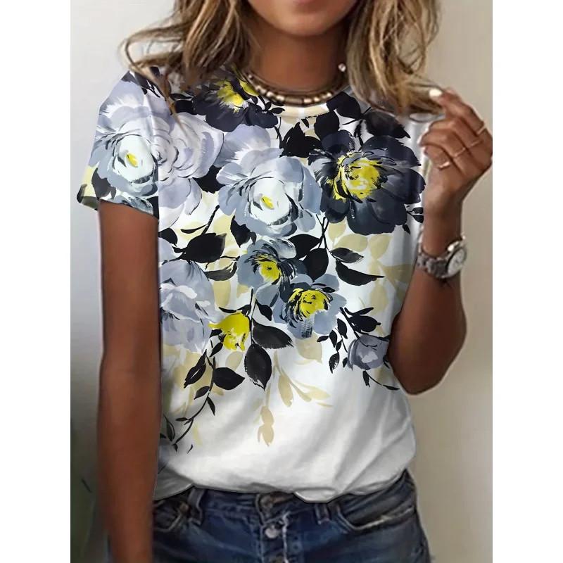 Women's 3D Printed Flower Plant Loose Tee - Short Sleeve Summer Top
