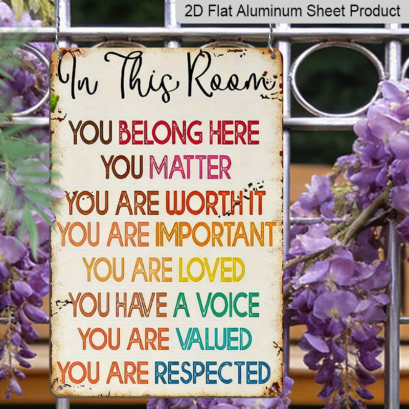 2D Flat, Vintage "You Belong in This Room" Rainbow Wall Decor - 12x8 Inch Aluminum Sign, Inspirational Slogan for Home & Classroom, Durable