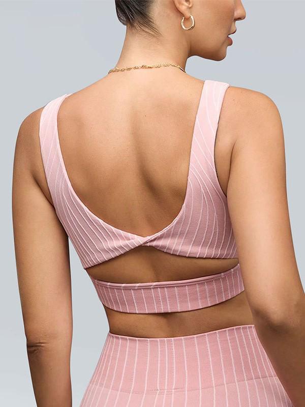 Seamless Twist Back Stripe Bra & High-Waist Stretch Yoga Pants Set