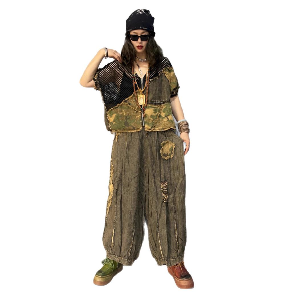 Personality Trendy and Cool Denim Splicing Mesh Hooded Cardigan Jacket Wide-leg Pants Two-piece Set Women's Summer Loose Fashion Suit