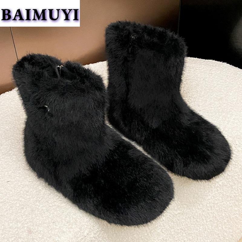 Winter Fur Flats Ankle Snow Boots Plush Warm Shoes Fashion 2025 Trend Designer New Walking Cozy Goth Chelsea Casual Botas Mujer