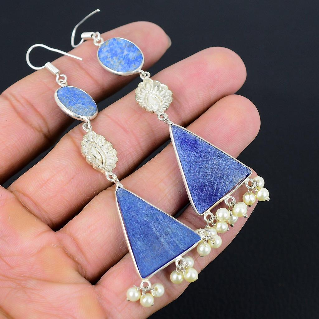 Natural Lapis Lazuli 925 Sterling Silver Wife Handmade Dangling Earrings Jewelry