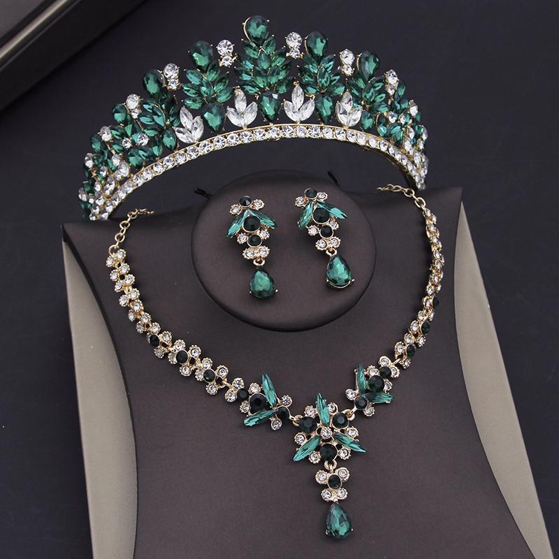 Luxury Leaves Crystal Bridal Jewelry Sets for Women Tiaras Necklace Sets Bride Wedding Dress Crown Headpiece Costume Accessories