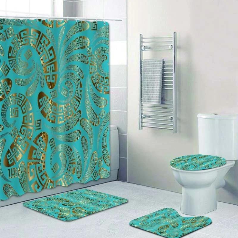 3D Luxury Black Gold Greek Key Meander Baroque Bathroom Curtains Shower Curtain Set For Bathroom Modern Geometric Bath Rug Decor
