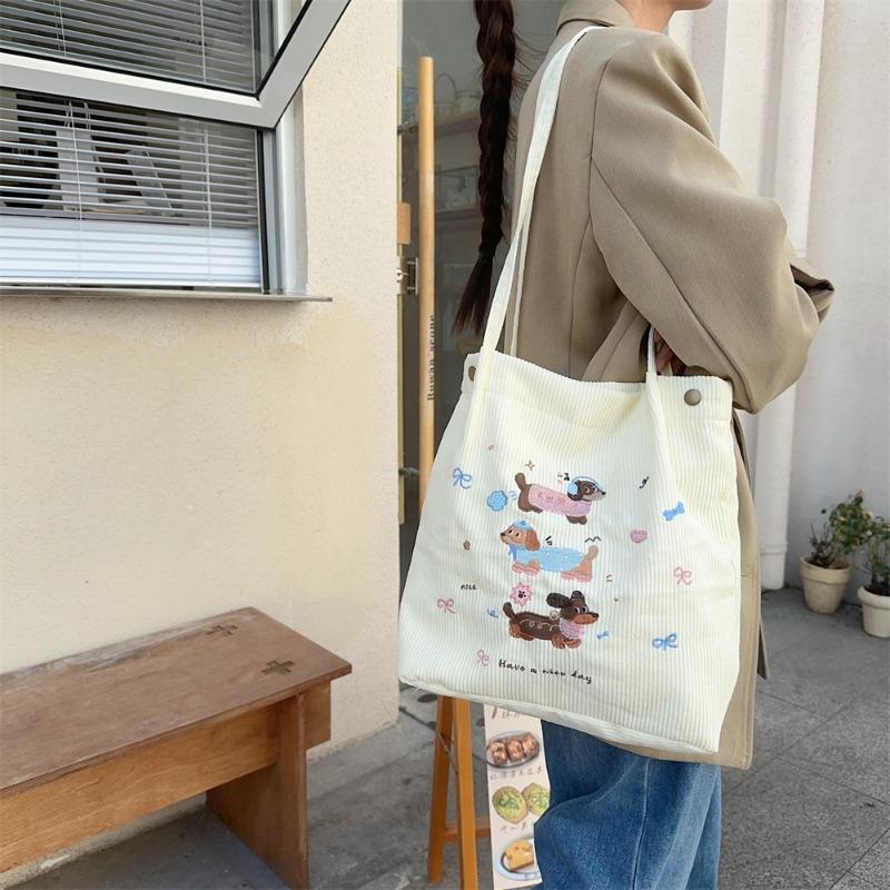 Cute Cartoon Puppy Embroidery Autumn and Winter Corduroy Bag Female Class Bag Student Large Capacity Shoulder Bag