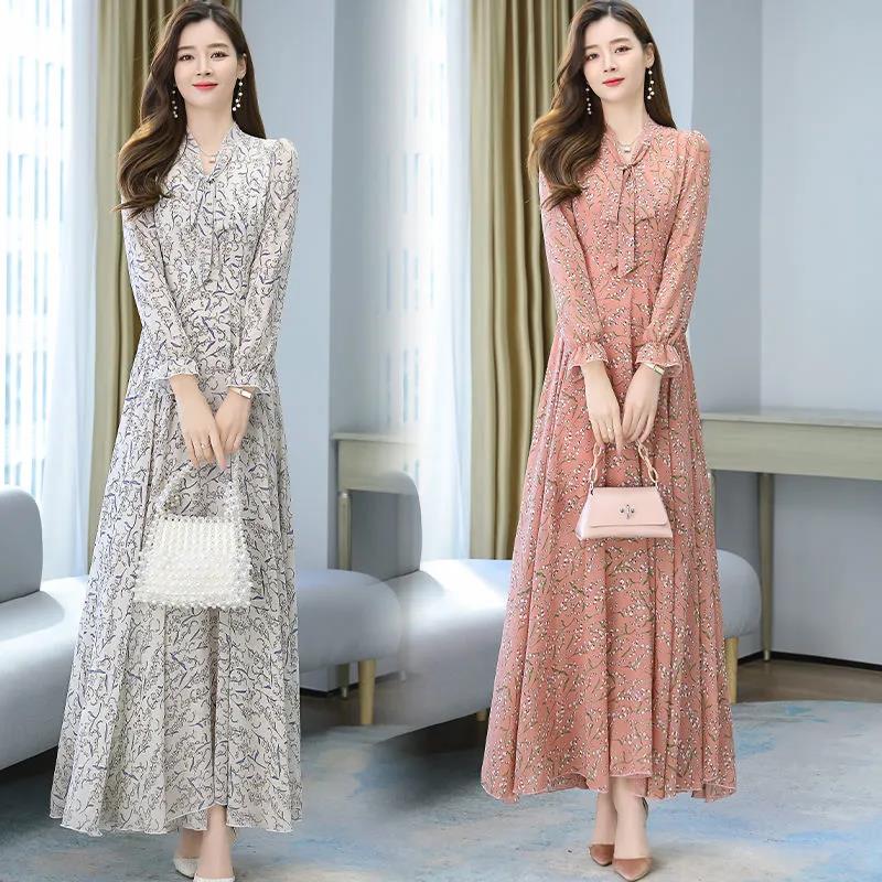 Chiffon-Langarmkleid, Frühling und Herbst, Blumen-Chiffon, Super-Fee-Taille, Strandkleid, langer Rock, Stoff, leicht, atmungsaktiv