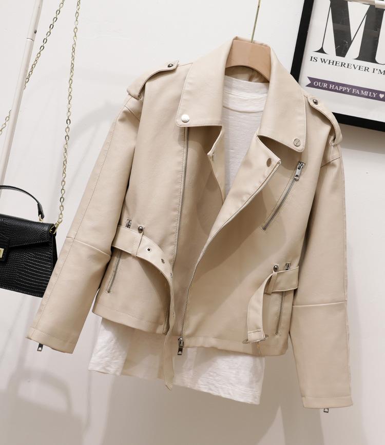 2024 autumn new Korean version shoulder badge thin leather jacket waist lapel short jacket loose knight leather jacket