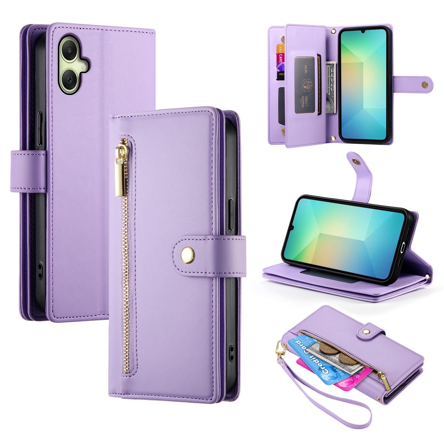 

Чехол для Samsung Galaxy A07 4G Кошелек с карманом на молнии Кожаный чехол для телефона с ремешками Purple