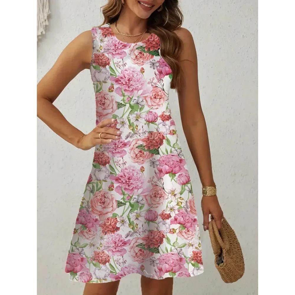 Summer Colorful Floral Print Round Neck Sleeveless Vest Dress Beach Vacation Plus Size Casual Comfortable Soft Breathable Women Mini Dress