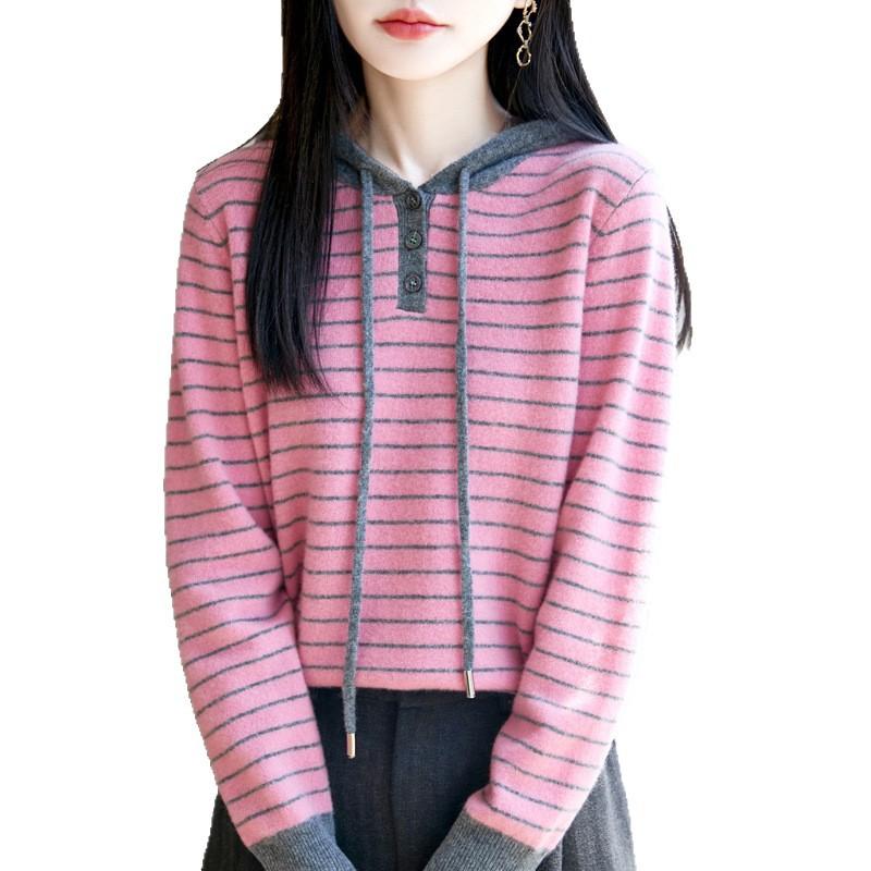 Autumn And Winter New Fashion And Casual Versatile And Thin Striped Hooded Long-Sleeved Color Matching Striped Hoodie Wool Sweater