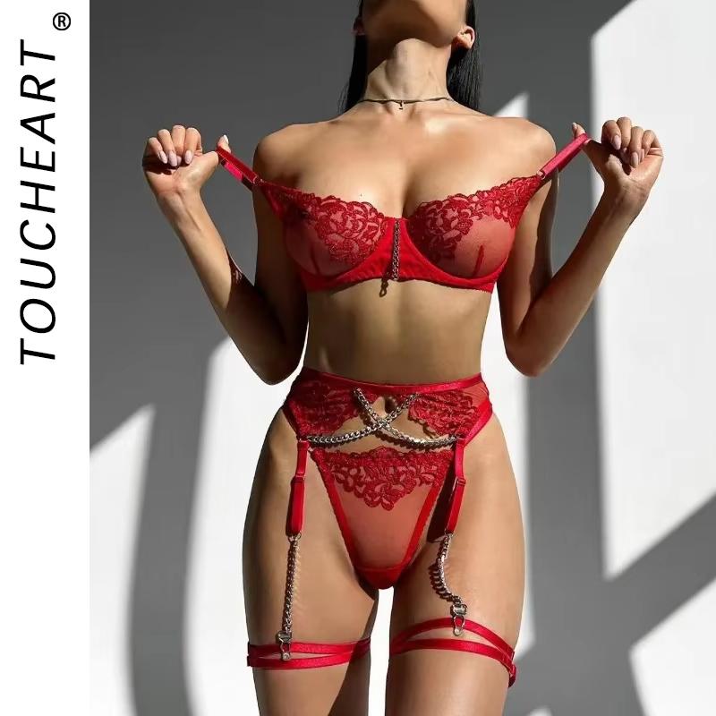 Toucheart 4-Piece Set Sexy Lingerie Metal Chain Embroidered Printing Perspective Sexy Hollow Out Lingerie Garter Kit Sexy Adult