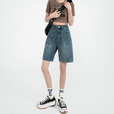 Women's High-Waist Retro Denim Shorts: Loose, Straight-Leg, 5-Point Mid-Length, Hong Kong & Japanese Style for Spring & Summer