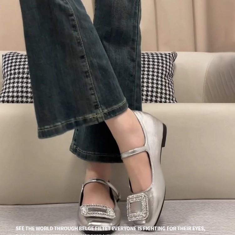 Sheepskin rhinestone square buckle silver word with Mary Jane shoes children's square head shallow mouth women's shoes inner height increase flat sole