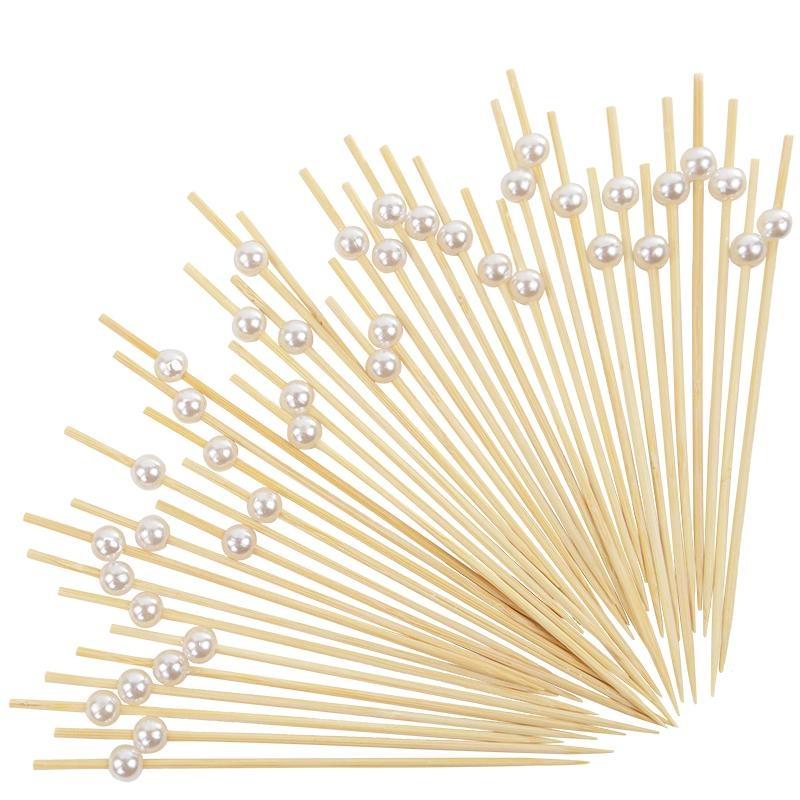 Wedding Pearl Disposable Bamboo Skewers Wooden Cocktail Picks Fruit Picks Snack Fork Skewer Wedding Party Supplies 100Pcs/bag