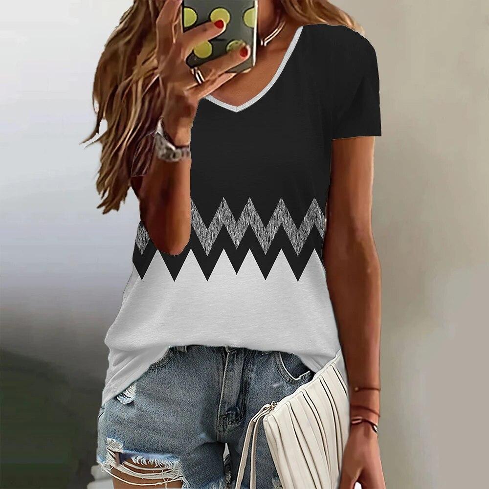 Gradient Pattern Women's T Shirt Summer V Neck Casual Short Sleeve Tees Female Oversized Harajuku Clothing Fashion Girls Blouse