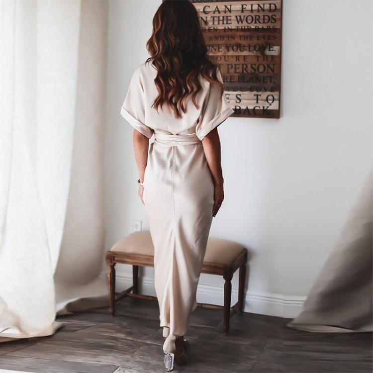 Fashion Women Elegant Turn Down Collar Shirt Dress Summer Short Sleeve with Slit Party Office Ladies Dresses