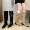 Fashion Winter Designer Pointed Toe Women Knee High Boots Fashion Belt Buckle Slip On Shoes Concise Thick Heel Knight Long Booties