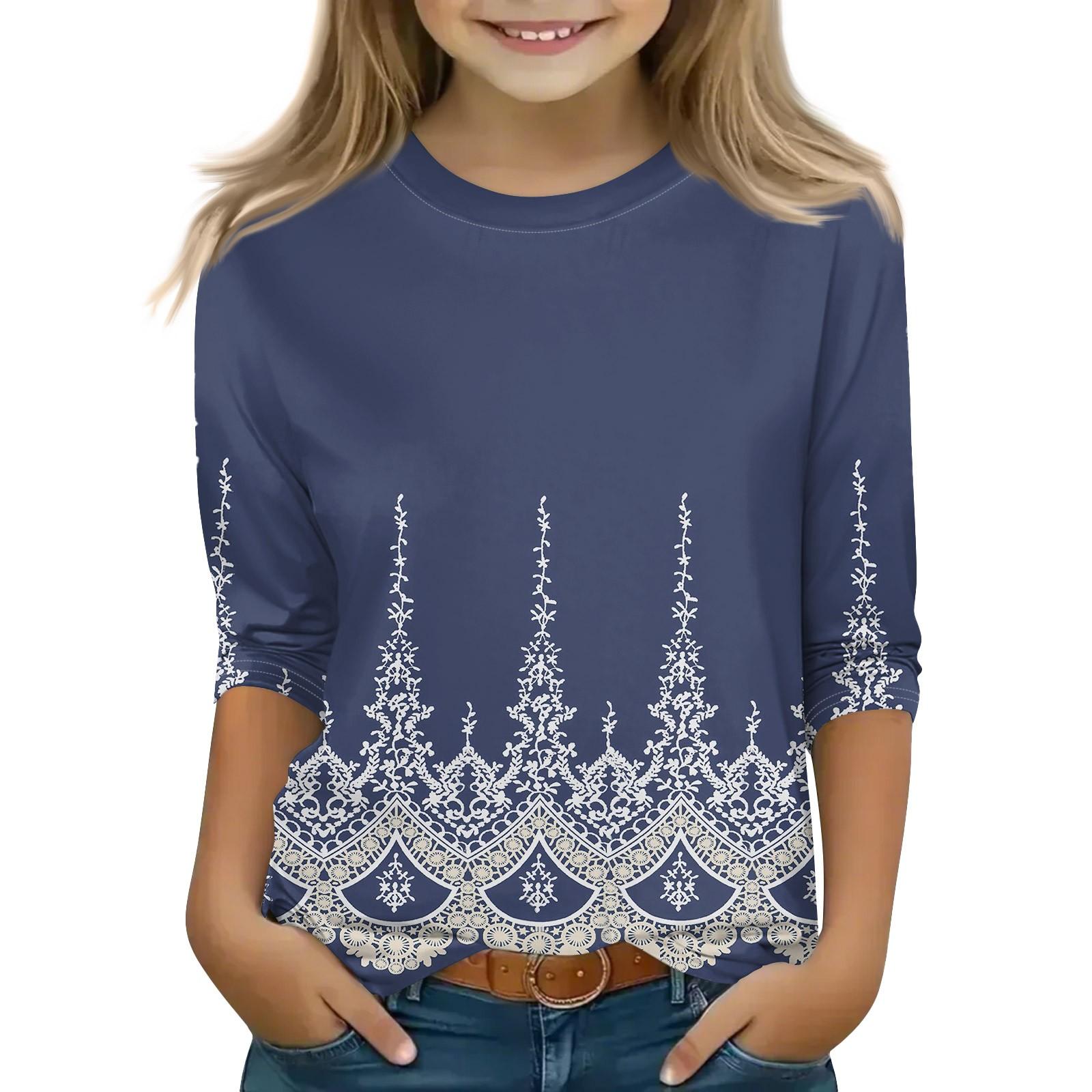 

Топы с принтом для девочек 5-16 лет с круглым вырезом и рукавами 3/4 Футболки Модные топы Наряды Футболки 140 темно-синий