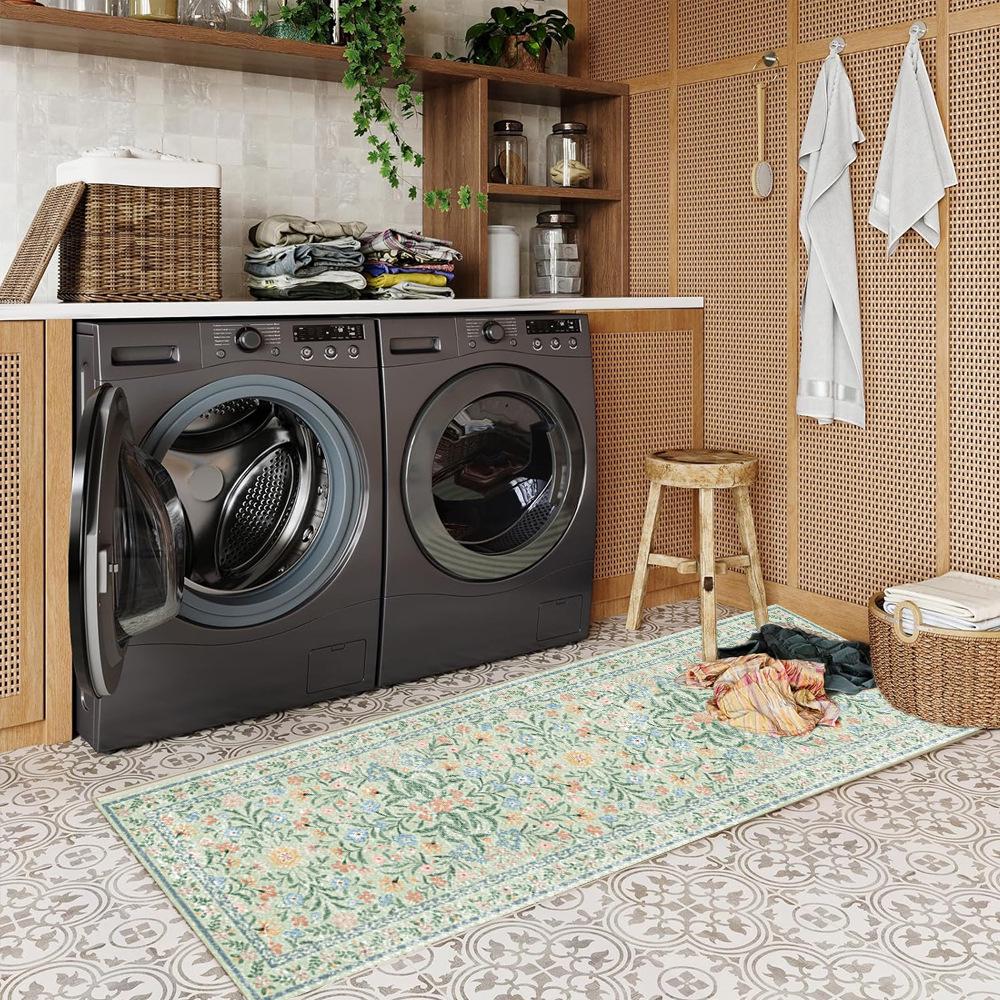 Machine Washable Green Flower Design Dirt-Resistant Carpet