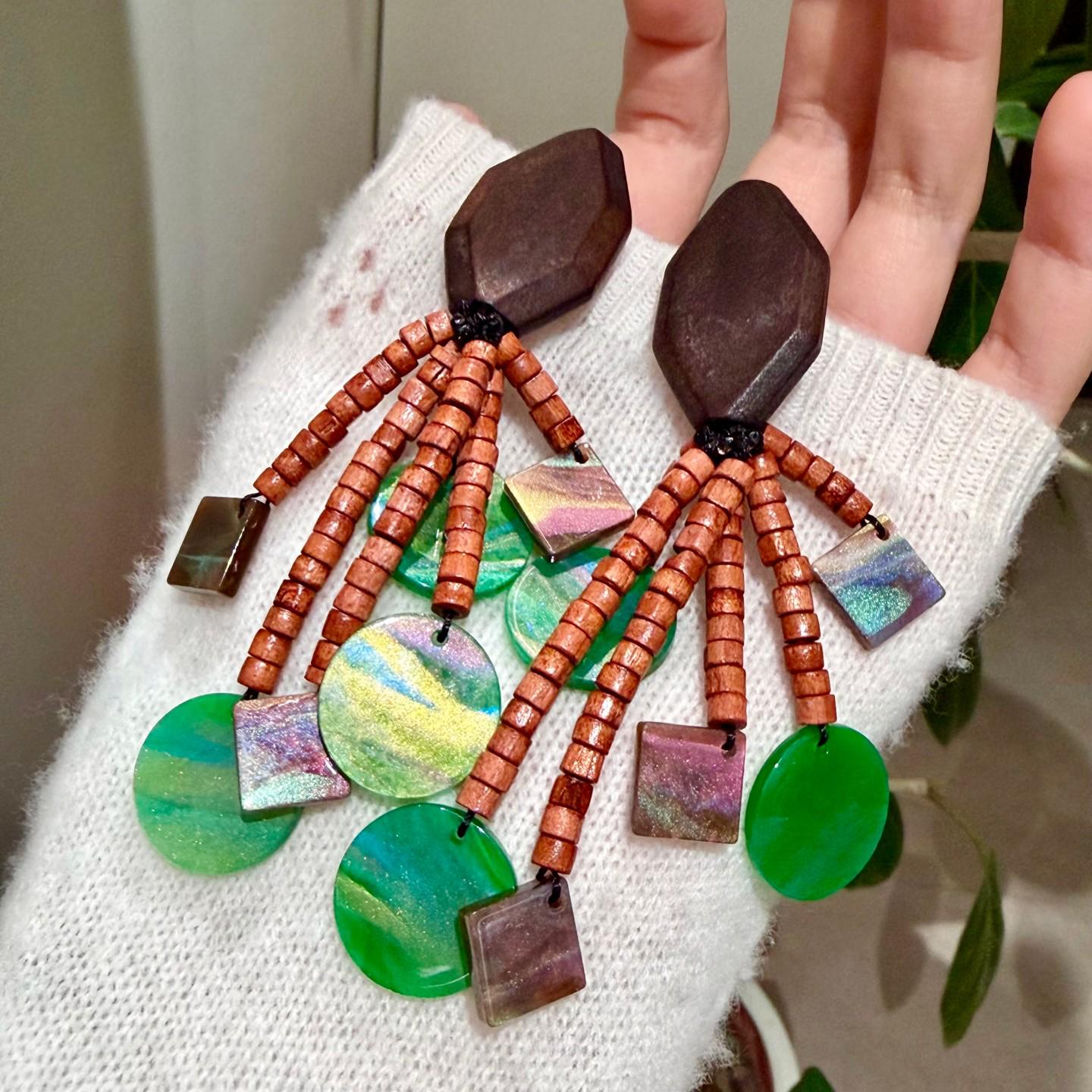 Vintage-Inspired Handmade Wood & Tassel Earrings with Coffee & Green Shell Beads