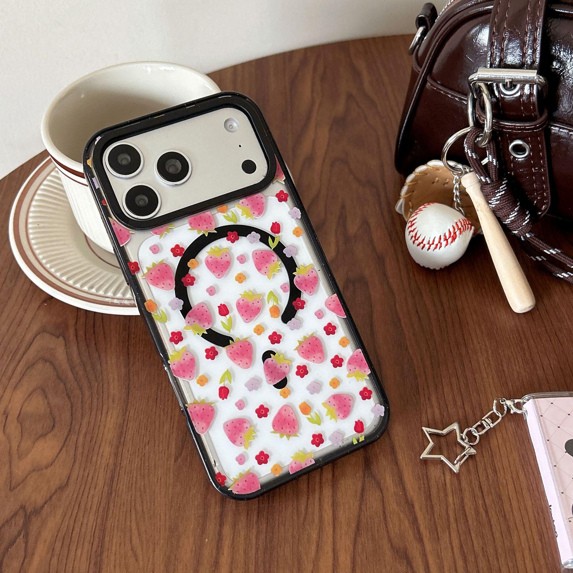 

Full Screen Floral Strawberry iPhone Case for 15 Plus, 16, 17 Pro Max with Girly Heart and Magnetic Buckle Style. 16promax