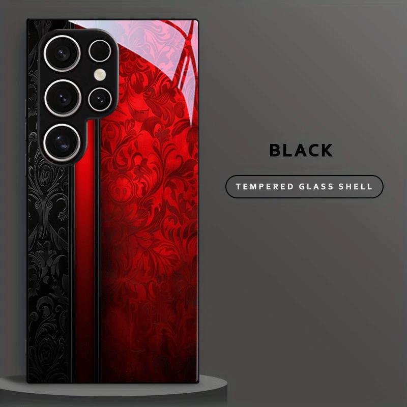 Retro red and black carved tempered glass phone case suitable for Samsung Galaxy S26 S25 S24 S22 S21 S20 FE/Ultra/Plus hard case