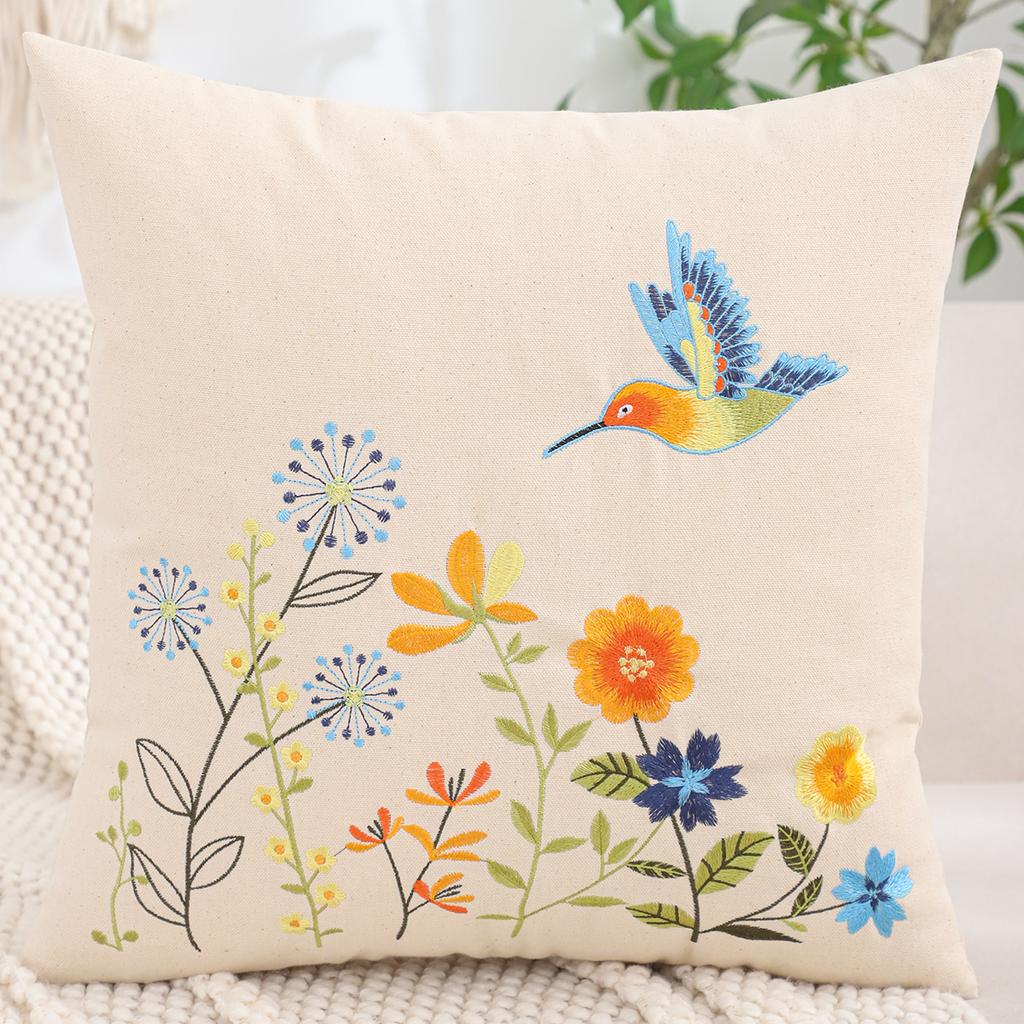 1 Pc Spring Throw Pillow Cover Embroidery Canvas Living Room Sofa Home Decoration Flowers Bird Leaves