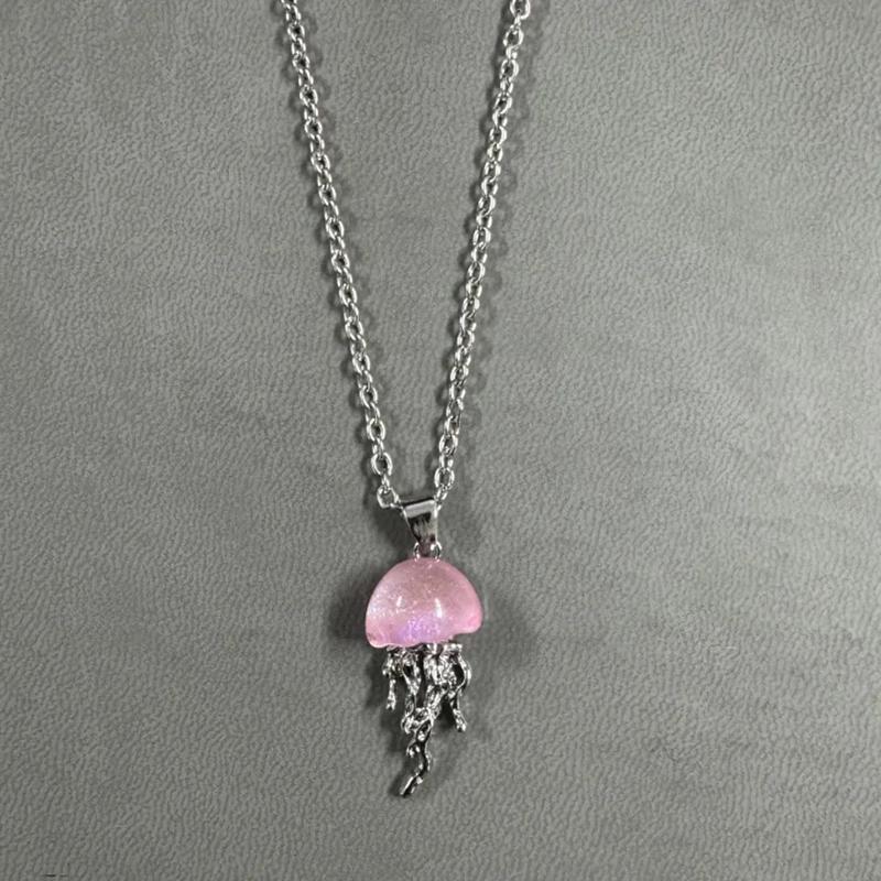 Dreamy Blue Pink Jellyfish Pendent Necklace For Women Vintage Couple Elegant Long Tassels Charms Necklace Simple Jewelry