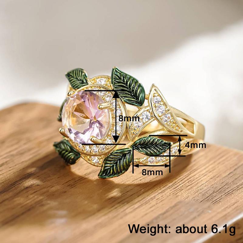 Huitan Elegant Fresh Style Lady Ring Flower Design Inlaid Shiny Pink CZ Leaf Shaped Aesthetic Wedding Accessories Trendy Jewelry