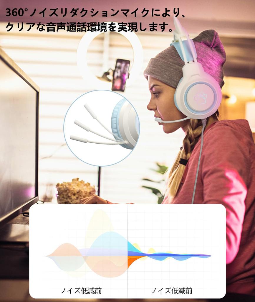 Roztomilá herní sluchátka s kočičími ušima, herní headset pro dívky s LED světlem, které mění barvy, drátová, 2m kabel, teleskopická sluchátka