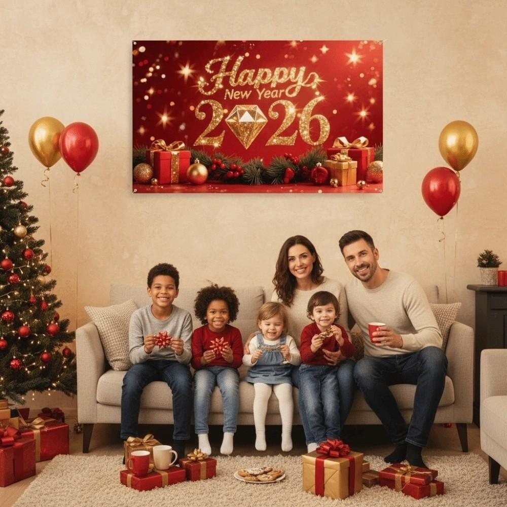 Banner New Year Backdrop 150x100CM Polyester 2026 Background Cloth Black Golden Printed New Year Wall Decor Cloth Garden