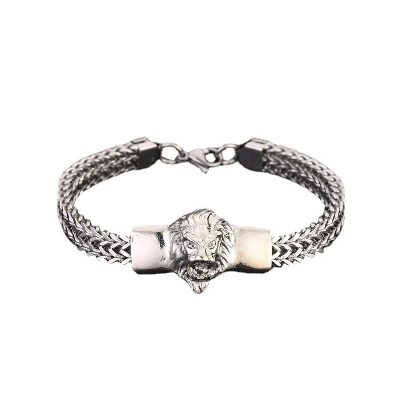 Viking Bracelet  Domineering Lion Head Animal Bracelet Men's Stainless Steel Braided Chain Wristband Bracelet Hip-Hop Trendy Jewelry