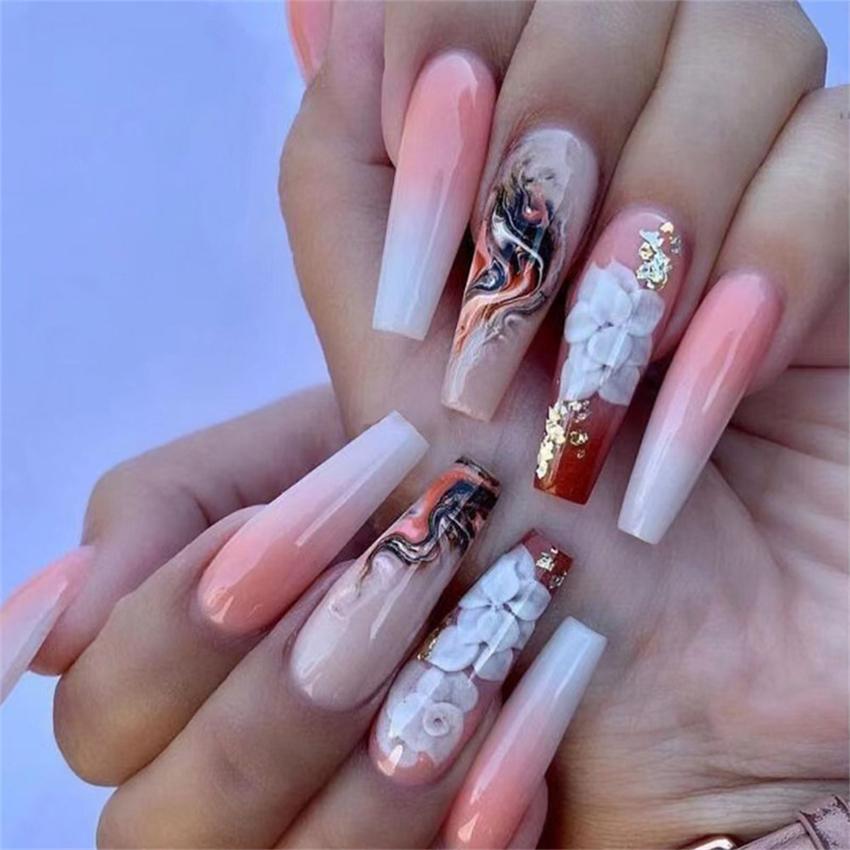 24Pcs Marble Gradient Gold Foil Long Coffin False Nails Full Cover Detachable Press On Nail Tips
